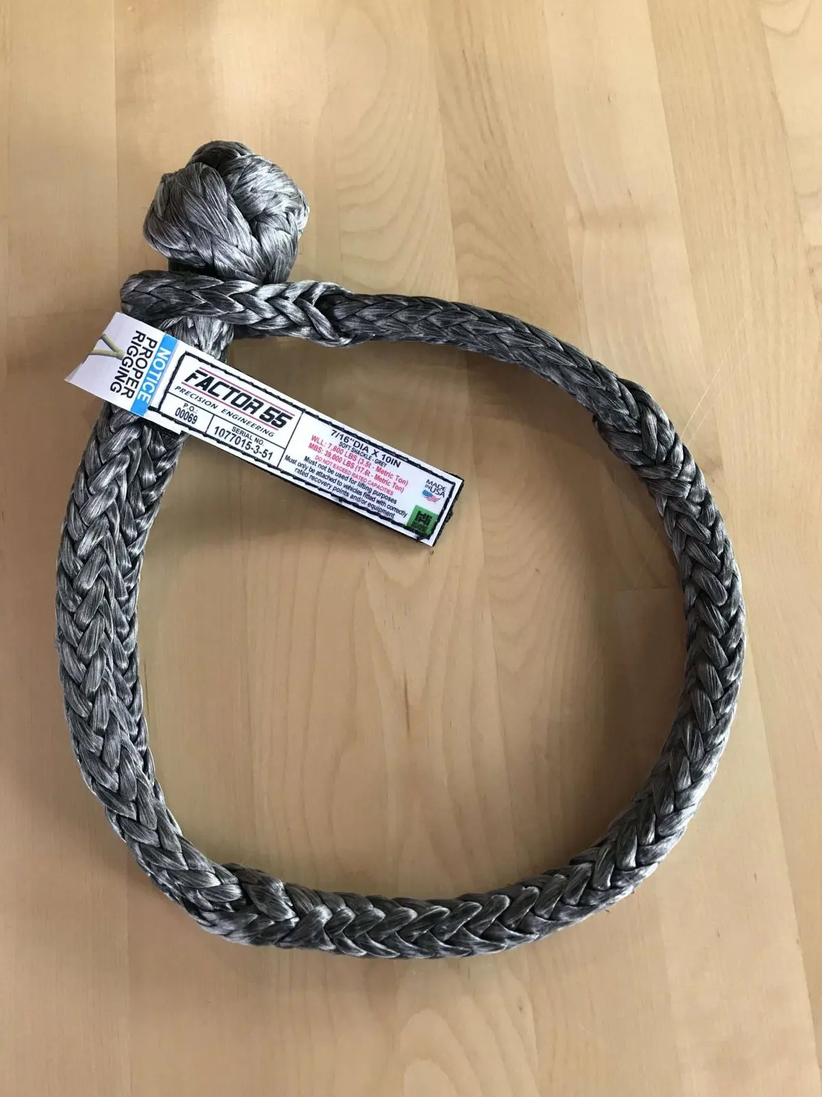 10 Inch Soft Shackle 7/16 Diameter Standard Duty Gray Factor 55 1