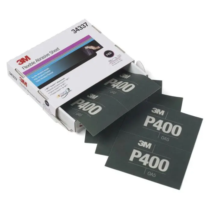 3M 34337 P400 Grit, Abrasive Hand Sheet, 5-1/2 In W X 6.8 In L, Medium Grade, Green, Wet/Dry 1