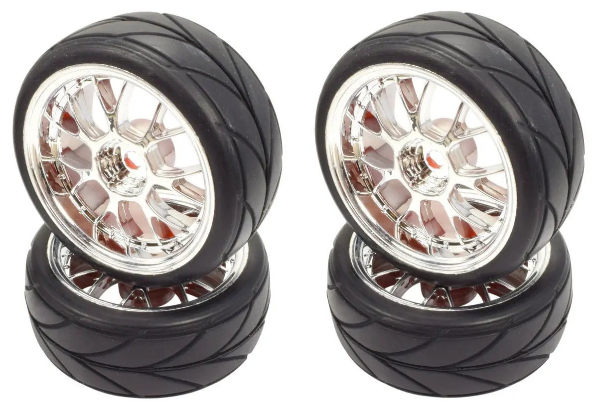 Apex Rc Products 1/10 On-Road Chrome Mesh Wheels & V Tread Rubber Tire Set #5007 1