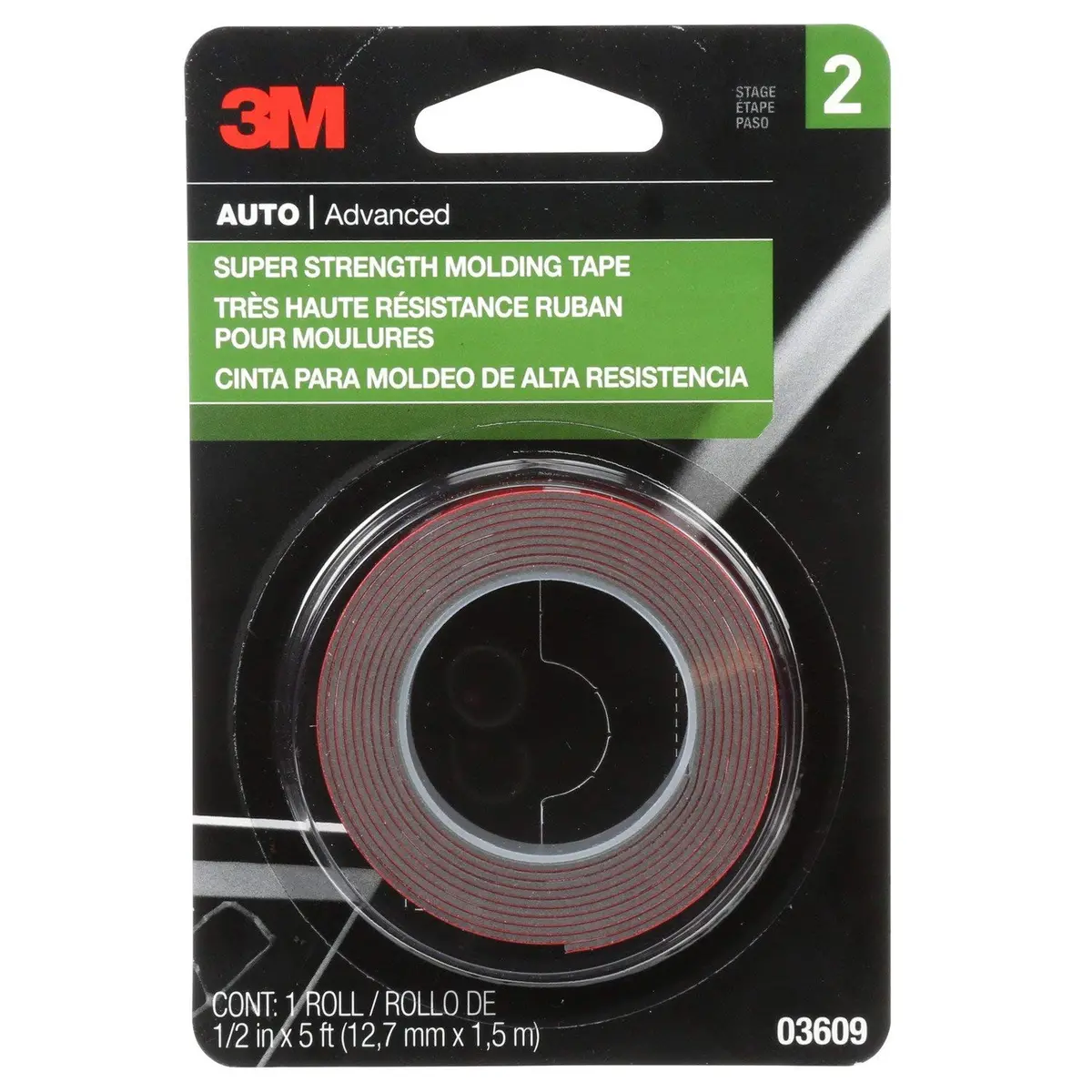 3M 03609 Double Sided Super Strength Molding Tape, 5 Ft X 1/2 In, 1.54 Mm Thk, Red 1