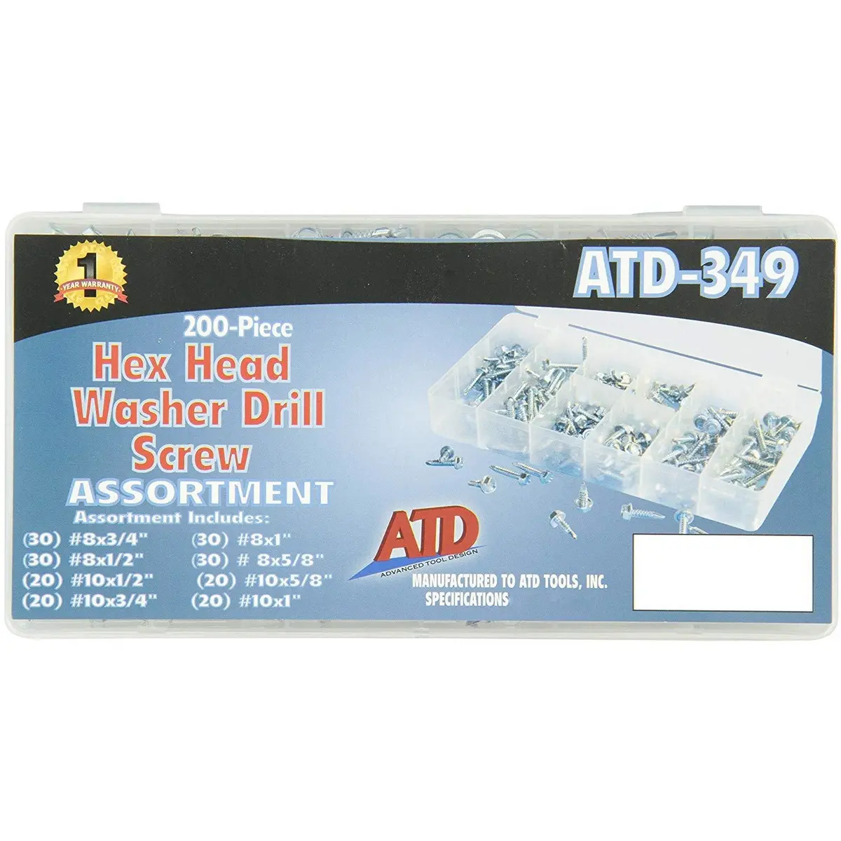 200 Pc. Hex Washer Head Self-Drilling Screw Assortment Atd-349 1