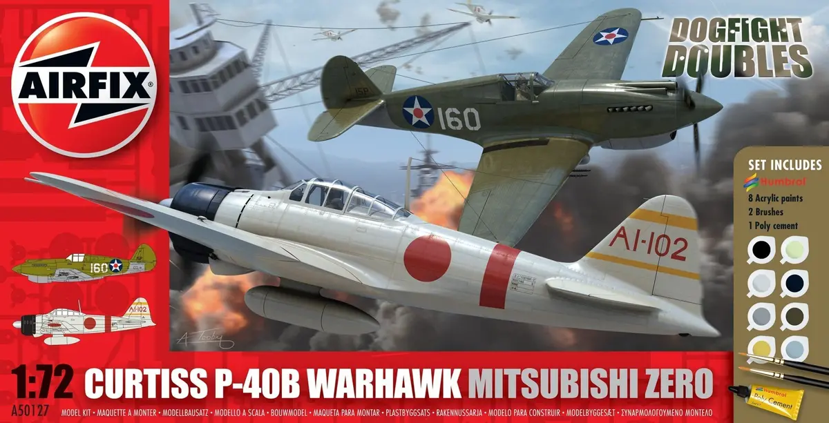 Airfix Curtiss P-40B & Mitsubishi Zero W/ Glue, Paints, & Brushes 1:72 Models A50127 1