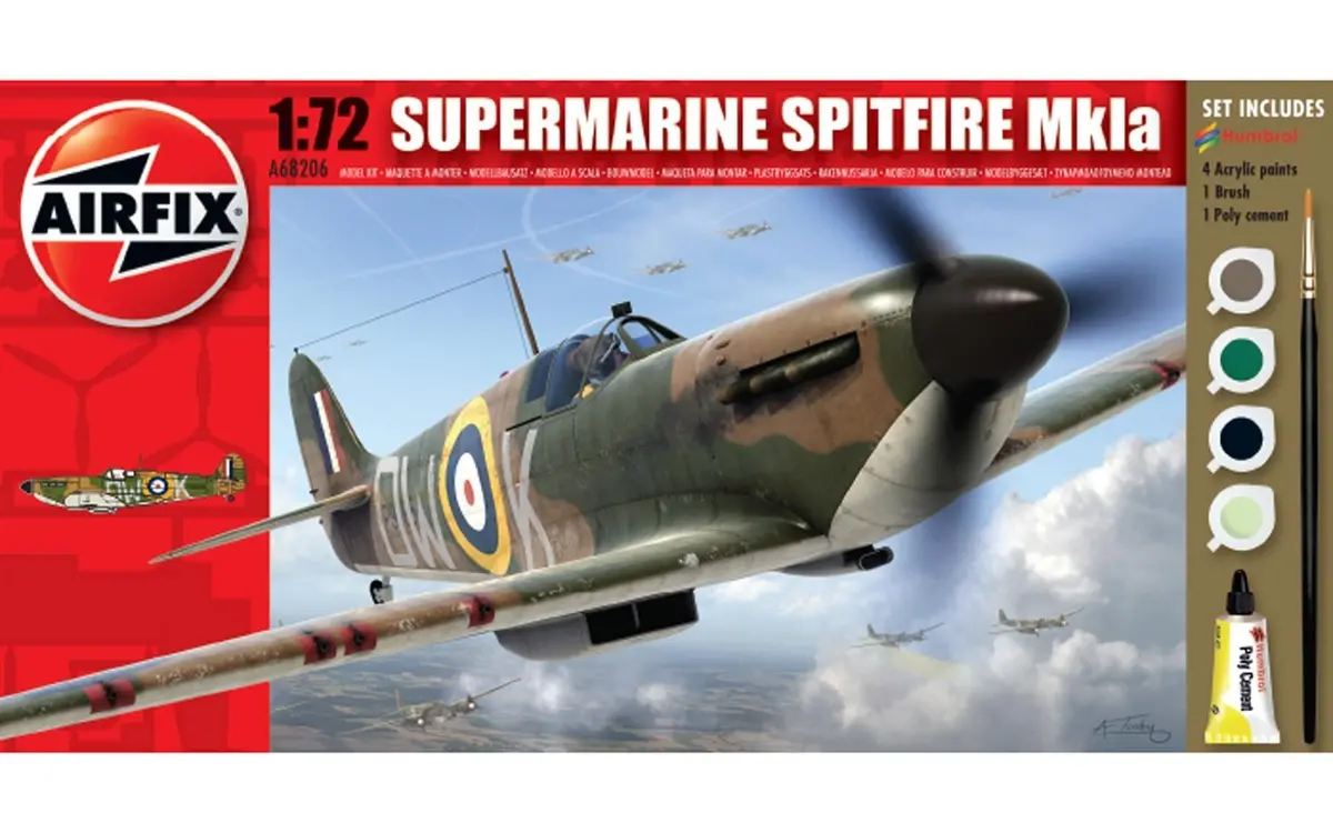 Airfix Supermarine Spitfire Mkia Set W/ Glue, Paints,& Brush 1:72 Model A68206m 1