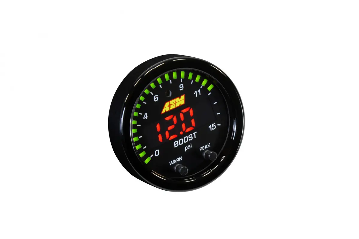 Aem X-Series Pressure Gauge 0-15Psi Black Bezel & Black Boost/Fuel Faceplate 1