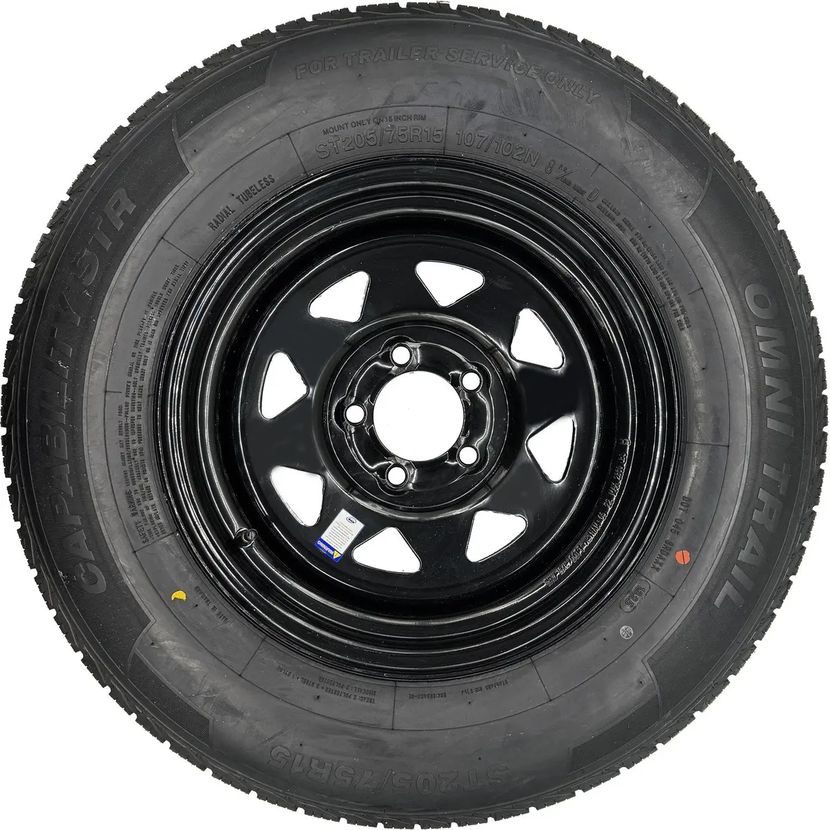 Omni Trail Capability Str 205/75R15 Lrd 8 Ply Trailer Tire On A 5 On 4.5 Black Spoked Wheel 1