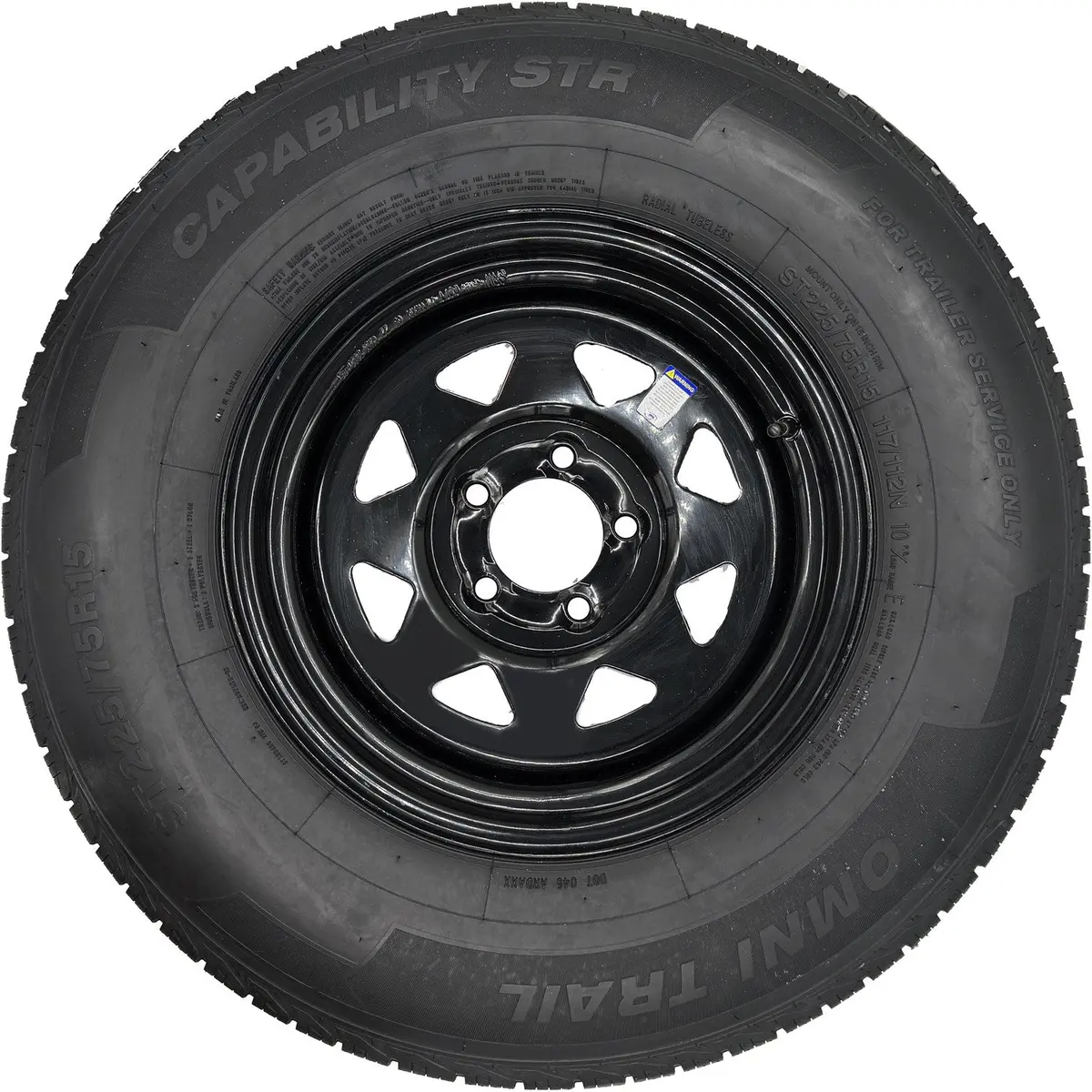 Omni Trail Capability Str 225/75R15 Lre 10 Ply Trailer Tire On A 5 On 4.5 Black Spoked Wheel 1