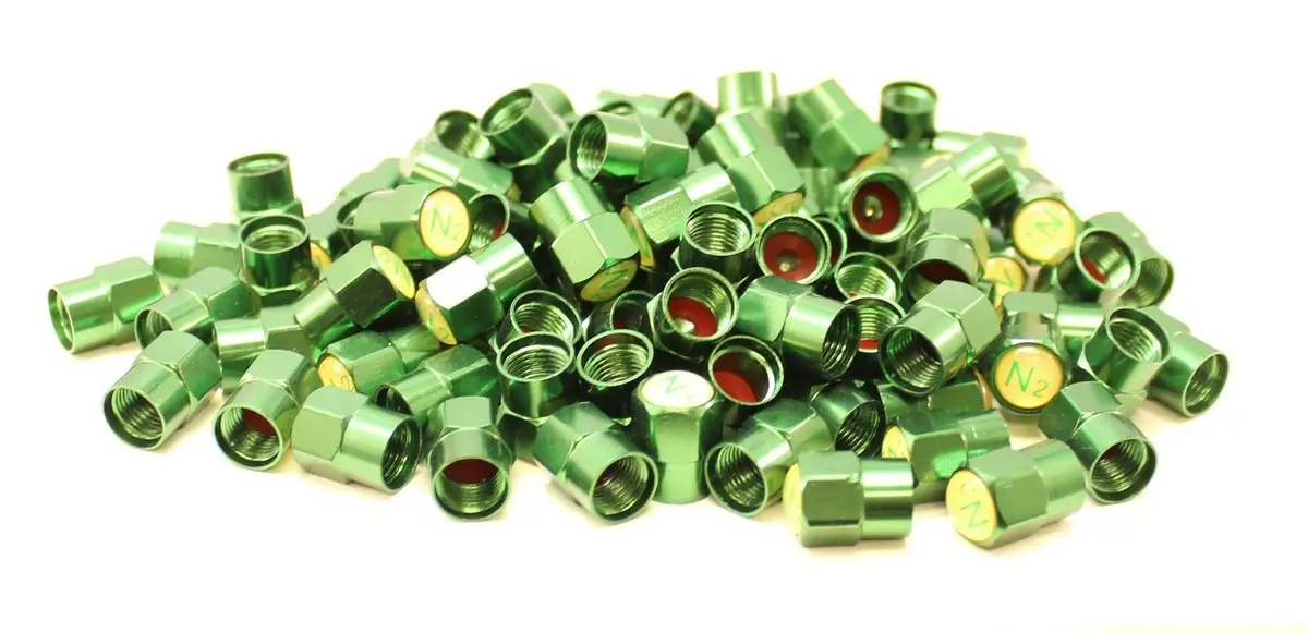 59-0019 Nitrogen N2 Indicating Aluminum Tire Valve Cap Green Pack Of 100 1